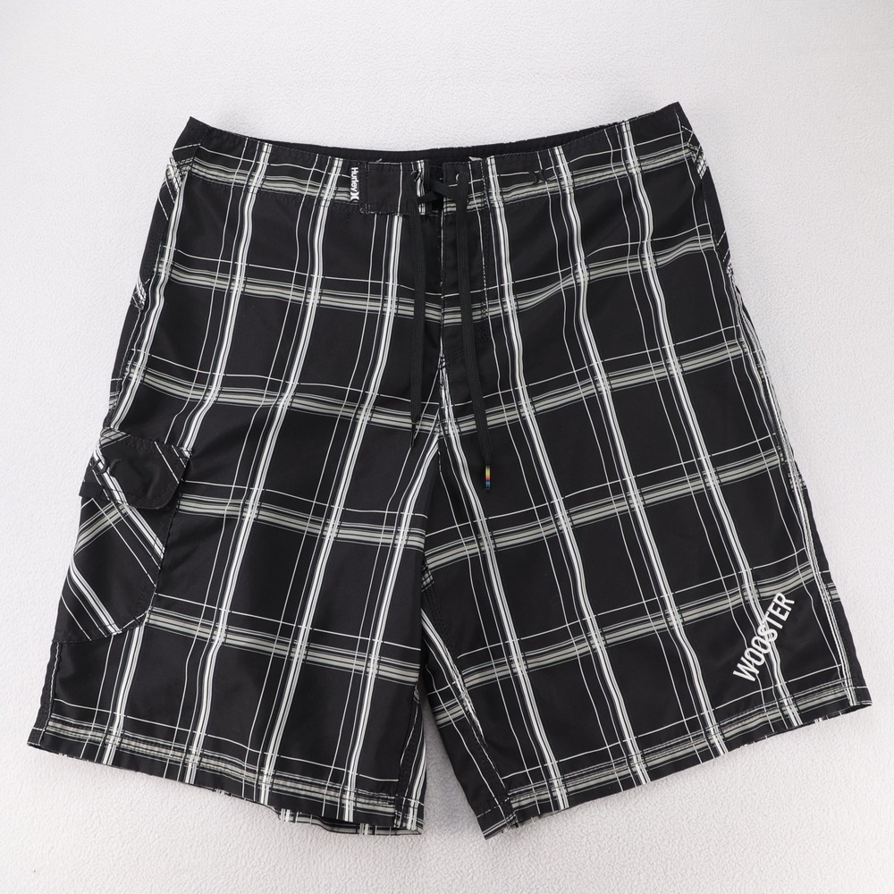 Hurley Mens Black White Plaid Board Shorts Swim Trunks Size 36 Wooster